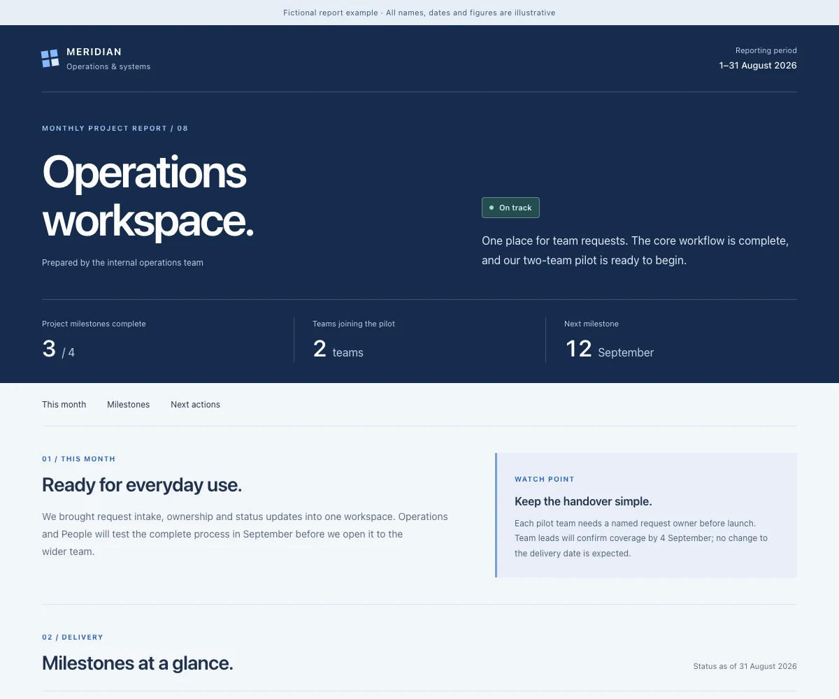 Monthly project report with a status summary, milestones and next actions for a fictional in-house team